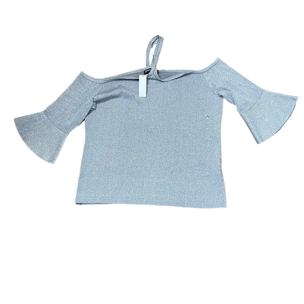 New York & Company Top Size XL Silver Metallic Open & Flare Sleeves Neck Straps